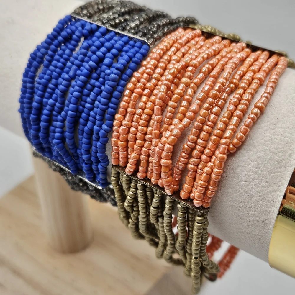 Bronze Tone Blue and Coral Glass Seed Bead Stretch Bracelet Set Boho